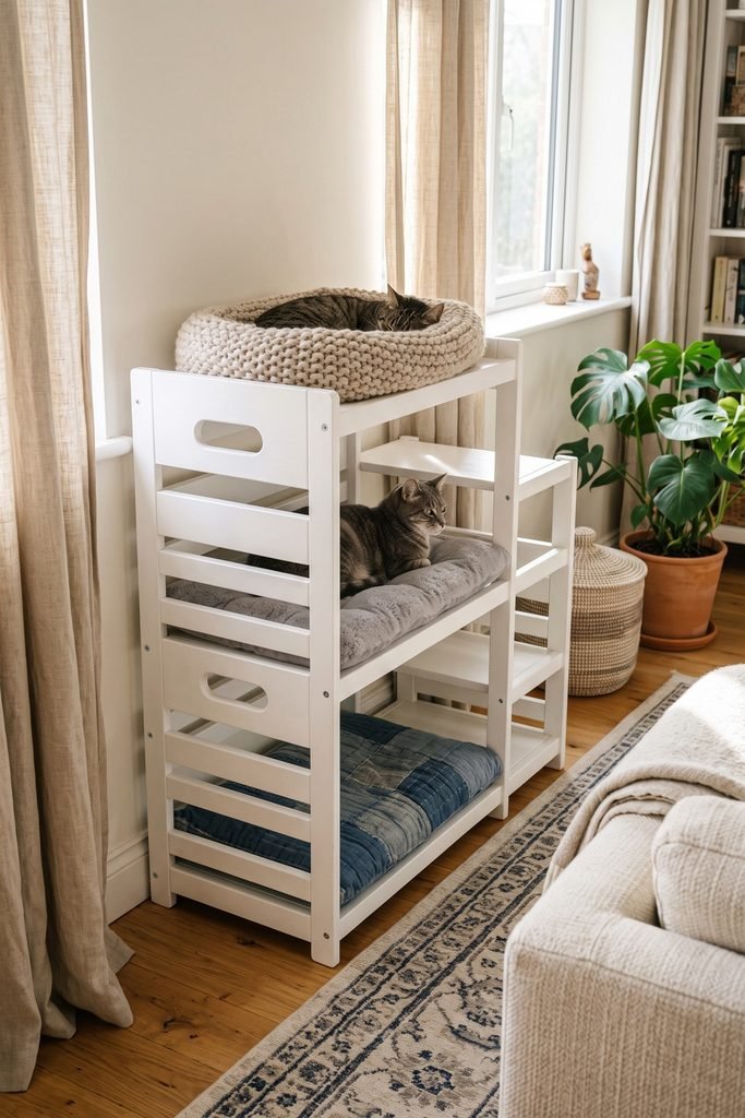 Three-level white cat bed unit with a cream knit top bed, gray middle cushion, navy quilted lower pad, and two resting tabbies.