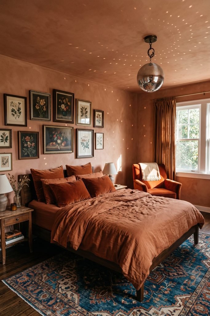 Terracotta bedroom with rust bedding, an orange armchair, a blue patterned rug, and a hanging mirror ball scattering light across the ceiling.