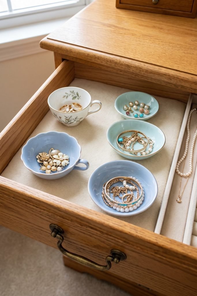 Open wood drawer lined with blue and floral teacups and bowls separating rings, brooches, bracelets, earrings, and necklaces.