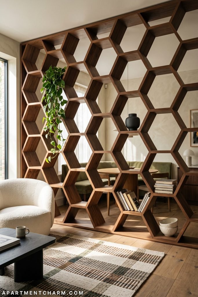 Tall walnut honeycomb shelving with mostly empty hexagonal cells divides a cream chair from a moss-green dining nook; a trailing plant, black vessel, books, and pale bowls punctuate the grid.