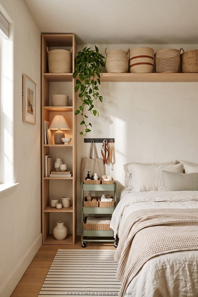 25 Beautiful Storage Ideas for Small Spaces That Use Every Inch 12 Bedroom corner uses a ceiling-height shelf, overhead basket ledge, wall hooks, and a sage rolling cart.