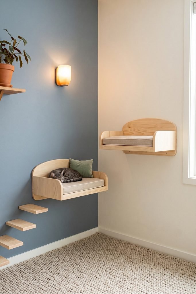 Two staggered pale wood cat beds on blue-gray and ivory corner walls, with oatmeal cushions, small steps, and a sleeping tabby.