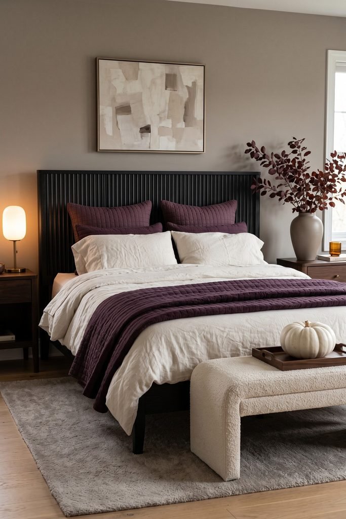 Black fluted bed with ivory and plum bedding, burgundy branches, and a textured cream bench displaying one white pumpkin beneath abstract artwork.