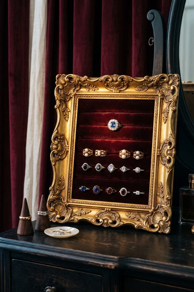 Ornate gold frame with burgundy velvet rows displaying gemstone and pearl rings on a dark vanity.
