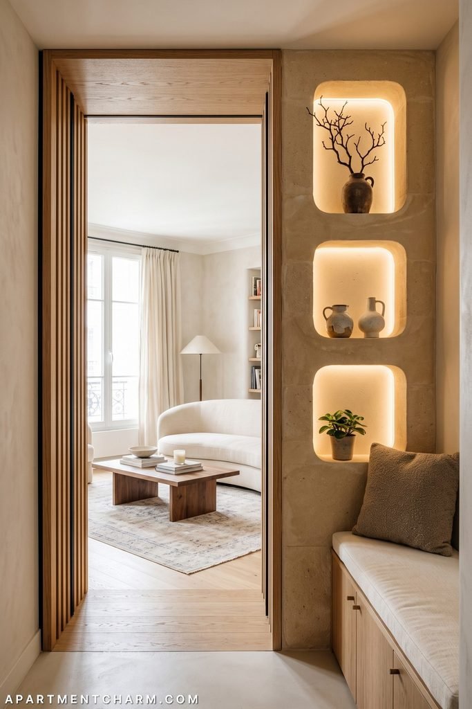 Oak slats and a full overhead frame create a portal beside three illuminated rounded niches and a built-in cushioned storage bench; a neutral living room is visible through the opening.