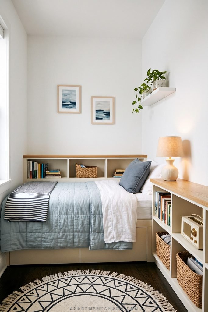 25 Beautiful Storage Ideas for Small Spaces That Use Every Inch 13 Low white bookcase replaces a headboard and continues beside the bed with baskets, books, and a small radio.