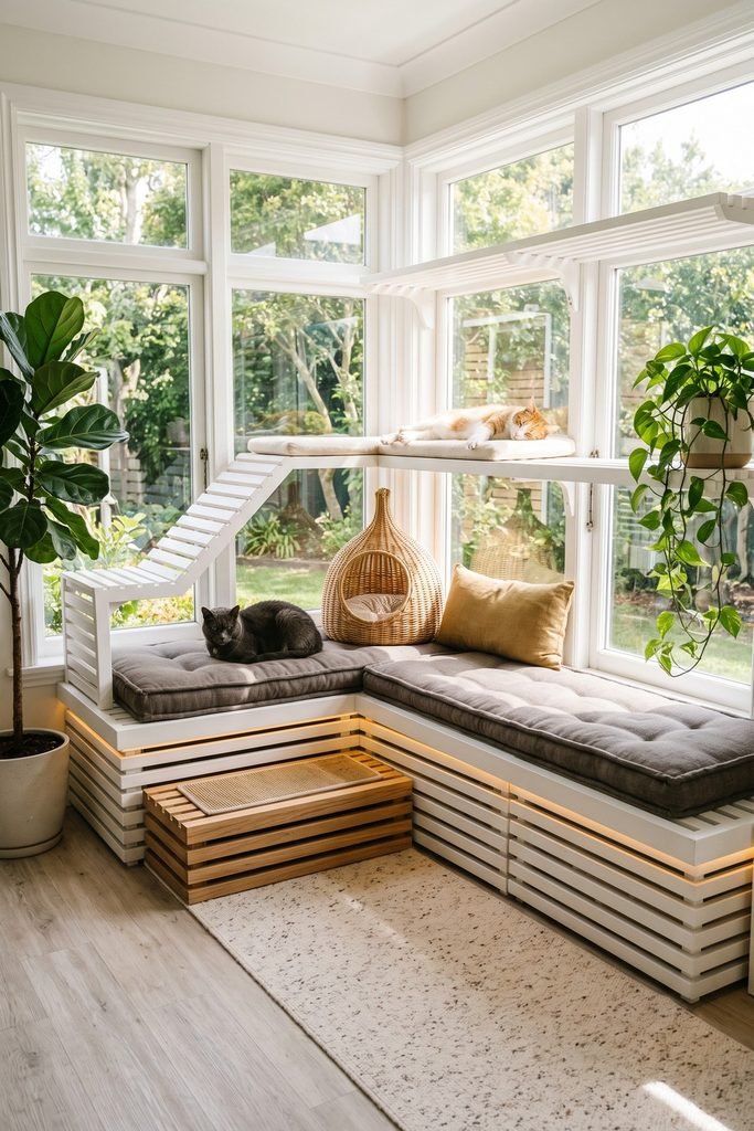 L-shaped white slatted cat terraces with gray tufted cushions, a white ramp, woven pod, mustard pillow, plants, and two resting cats.