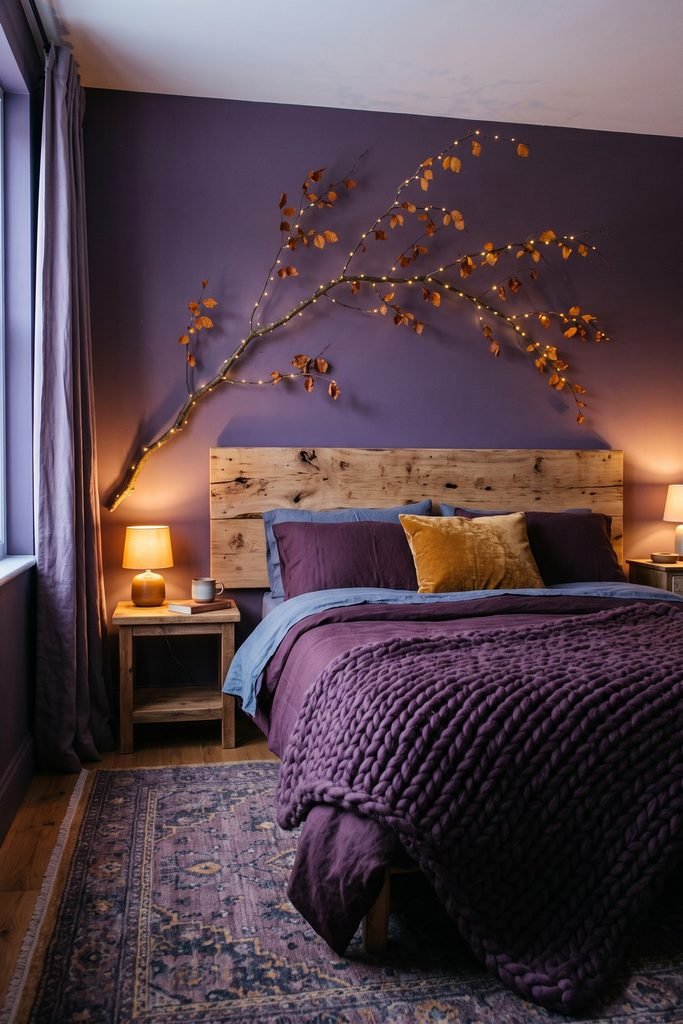 Purple bedroom with an illuminated amber-leaf branch above a wooden headboard, deep-purple knit bedding, blue accents, and an ochre pillow.