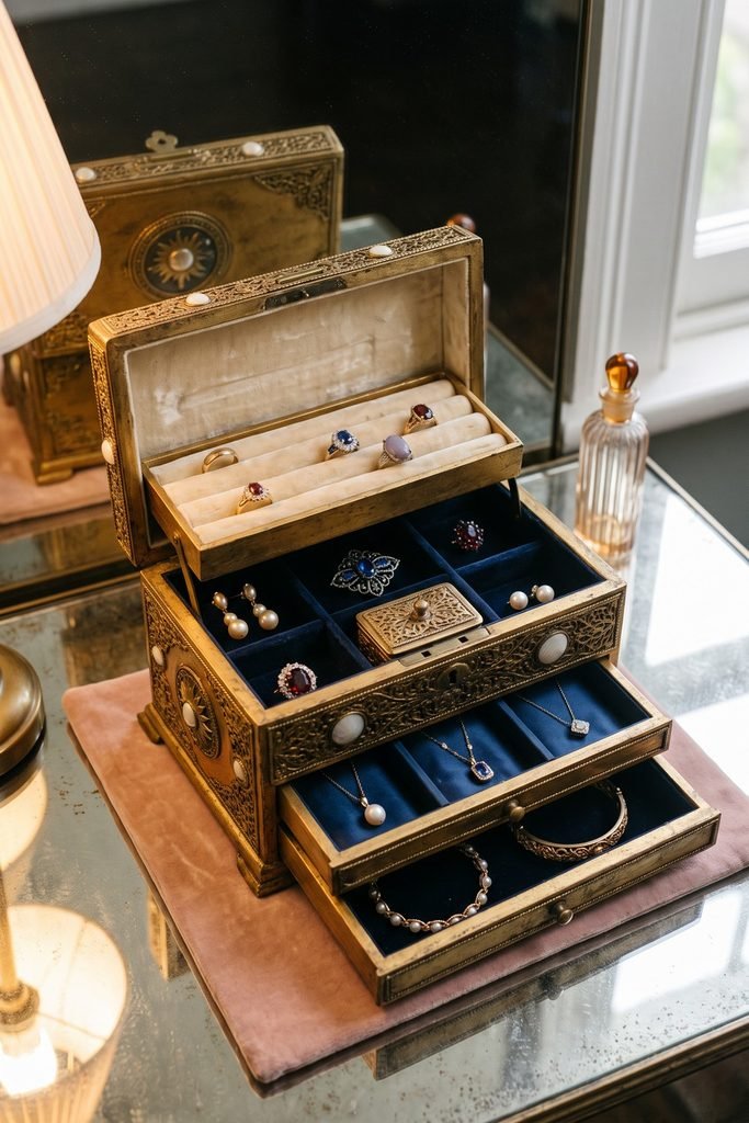 Open ornate gold jewelry chest with cream ring rolls and blue velvet compartments holding rings, earrings, necklaces, and bracelets.