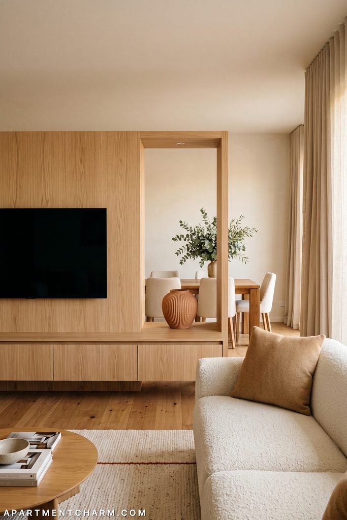 Slim light-oak media wall with a black television and floating cabinets includes a tall open niche displaying one ribbed terracotta vessel and framing a dining table beyond.