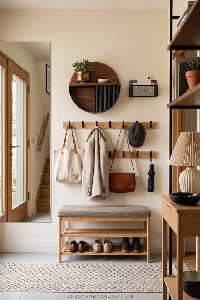 25 Beautiful Storage Ideas for Small Spaces That Use Every Inch 14 Entry wall combines double rows of hooks, a round shelf, mail pocket, full-length mirror, and shoe bench.