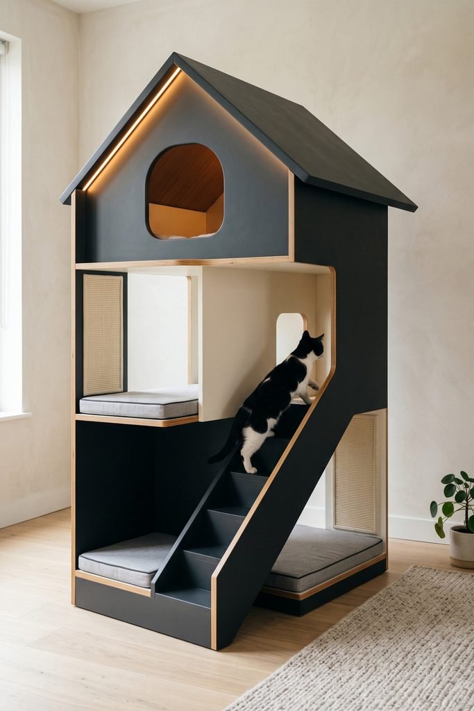 Black-and-white cat townhouse with a glowing gabled roof, rounded openings, gray cushions, pale scratching panels, and a broad stair used by a tuxedo cat.