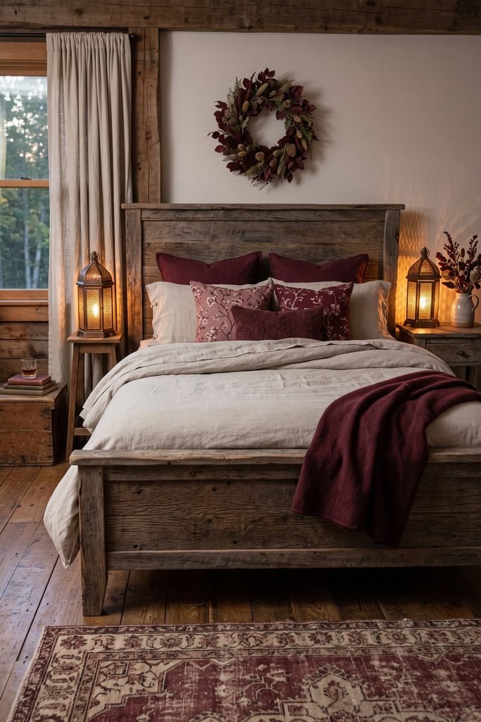 Weathered wooden bed with beige bedding, burgundy floral pillows and throw, a foliage wreath, and two glowing perforated lanterns.