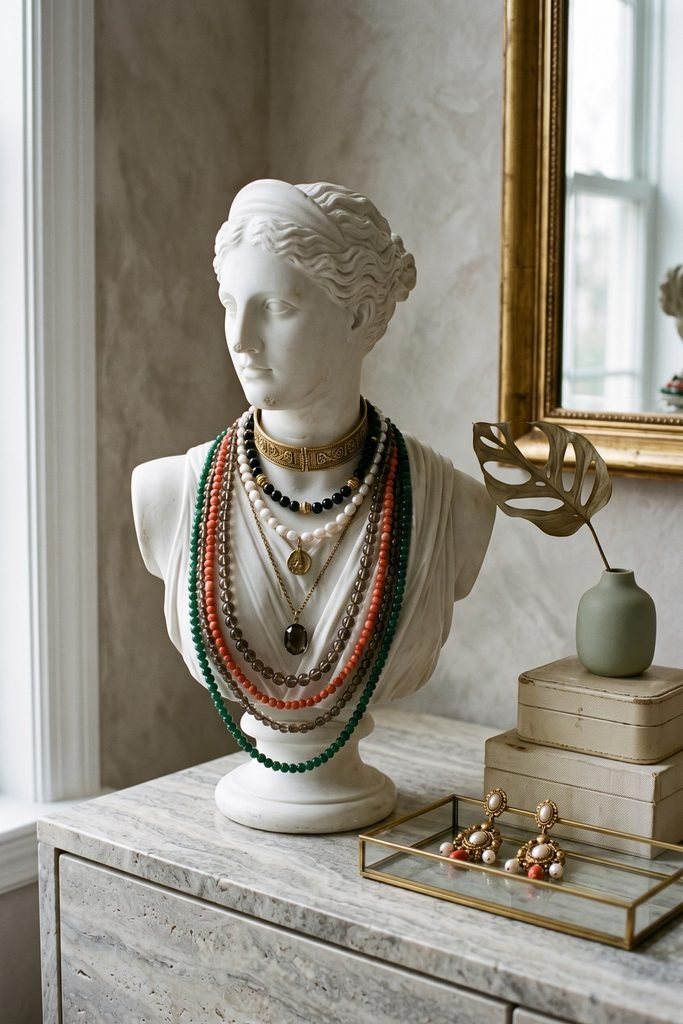 White classical bust layered with green, coral, black, pearl, and gold necklaces beside a glass tray of earrings.