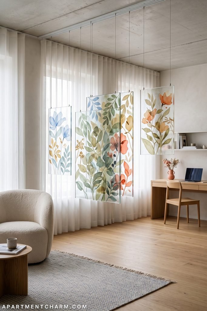 Four translucent hanging botanical panels in blue, sage, ochre, and coral overlap in front of sheer curtains between a cream lounge chair and a light wood desk.