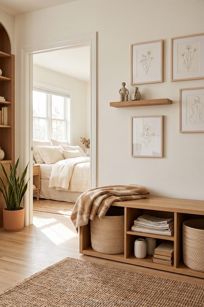 25 Beautiful Storage Ideas for Small Spaces That Use Every Inch 15 Low wood cubby bench at a bedroom doorway holds woven baskets, folded linens, ceramics, and books.