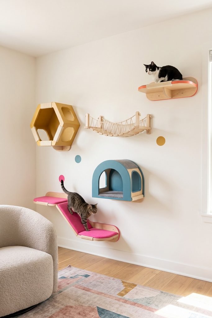 White-wall cat playground with a pink ramp, teal arched cubby, mustard hexagonal den, rope bridge, coral perch, colored dots, and two cats.