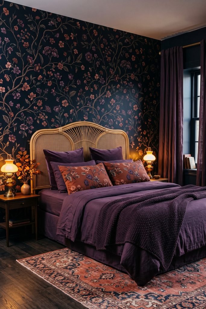 Deep-purple bedding with rust floral pillows beneath a curved woven headboard and a dark floral wall, with warm lamps and a coral patterned rug.