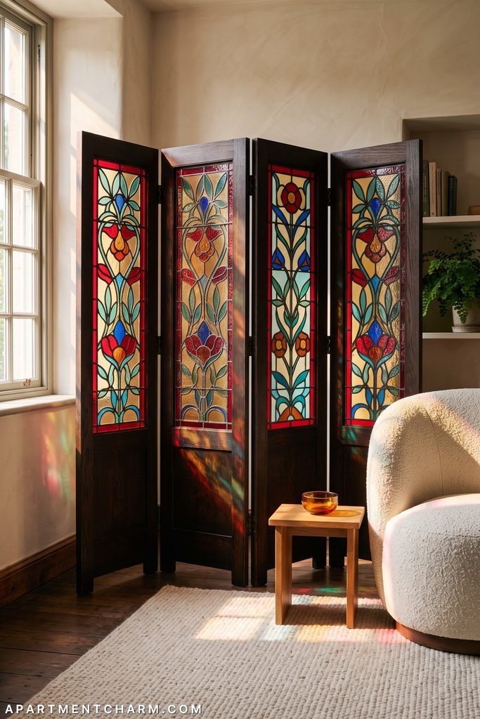 Dark four-panel stained-glass folding screen carries colorful floral motifs and casts red, green, and amber light onto a cream rug beside a rounded chair and small wood table.