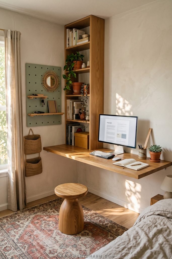 25 Beautiful Storage Ideas for Small Spaces That Use Every Inch 16 Floating wood desk extends into a ceiling-height corner bookcase beside a pegboard and hanging woven pockets.