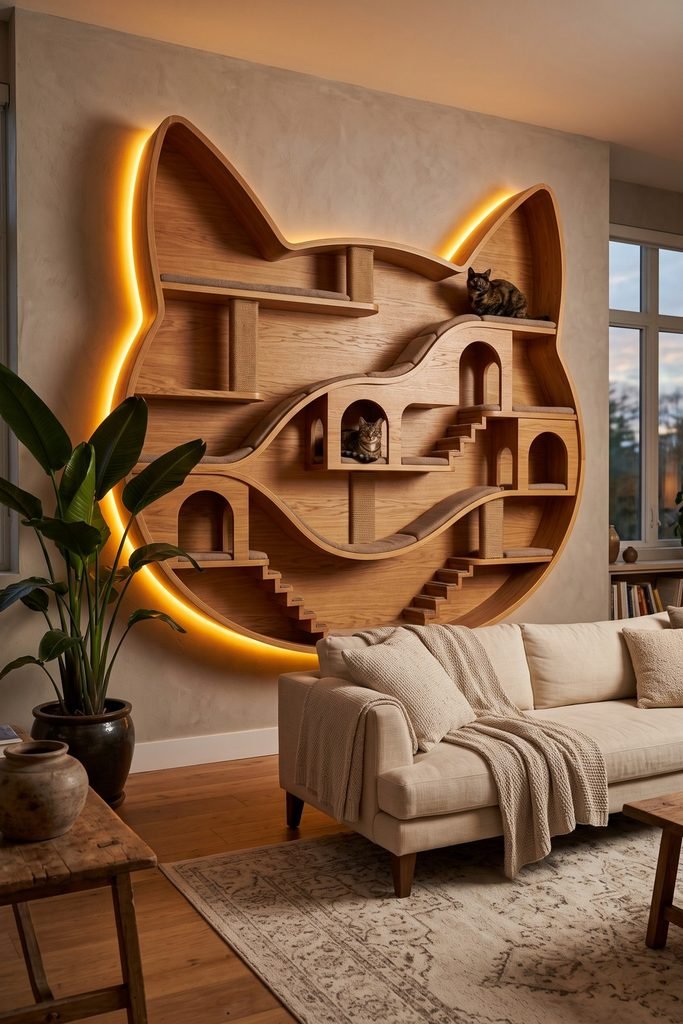 Illuminated cat-shaped wood wall with curved padded routes, scratching posts, arched dens, small stairs, and two cats above a cream sofa.