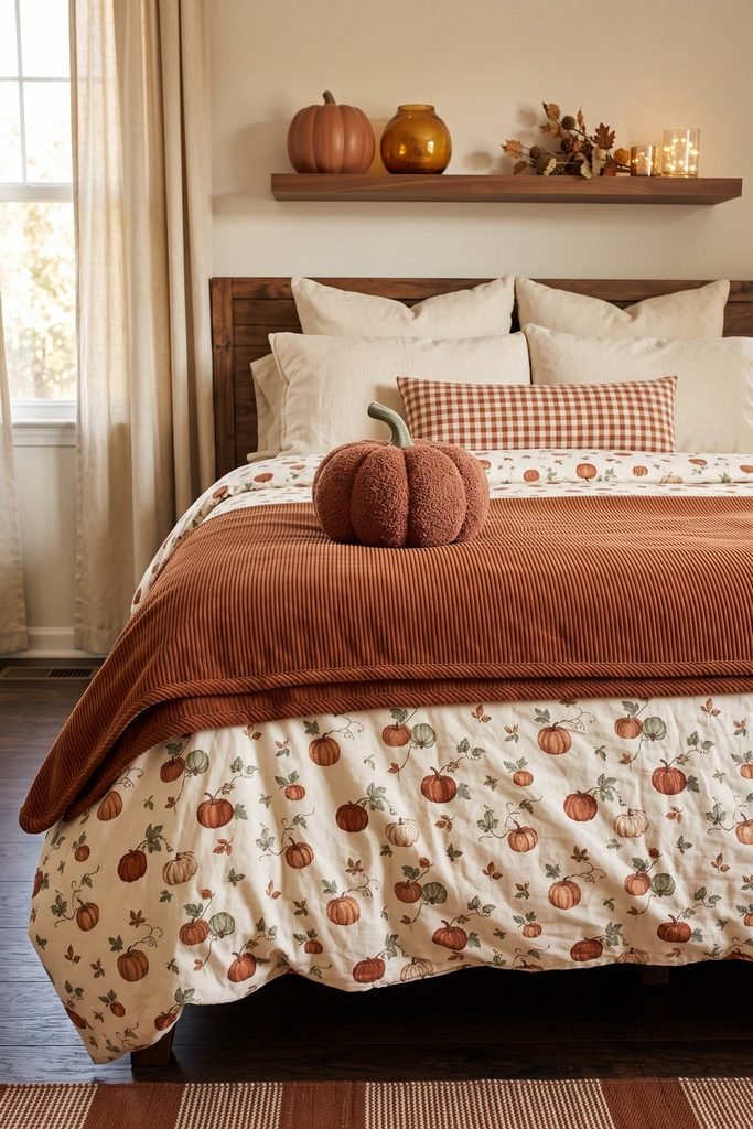 Pumpkin-print bedding with a rust ribbed blanket, gingham pillow, and textured pumpkin beneath a wooden shelf displaying autumn accents and lights.