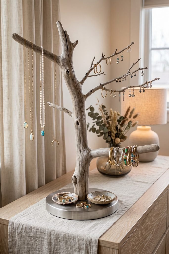 Freestanding driftwood jewelry tree holds necklaces, earrings, and bangles above two ring dishes on a metal base.
