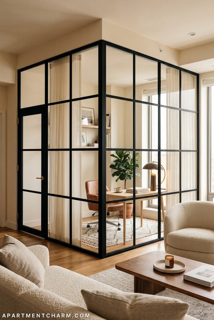 Black-framed clear glass forms a compact corner office with a hinged door, partly drawn sheers, pale wood desk, cognac chair, bronze lamp, plant, and patterned rug beside a cream living room.