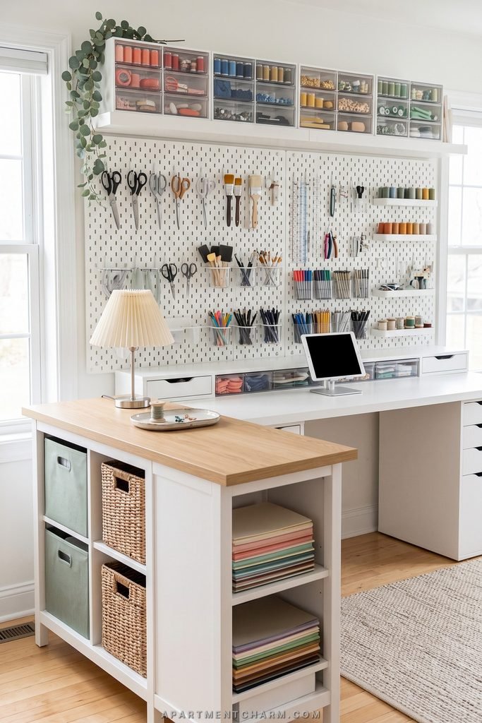 25 Beautiful Storage Ideas for Small Spaces That Use Every Inch 17 Craft room combines a tool-filled wall pegboard with a storage island containing baskets, bins, and paper shelves.