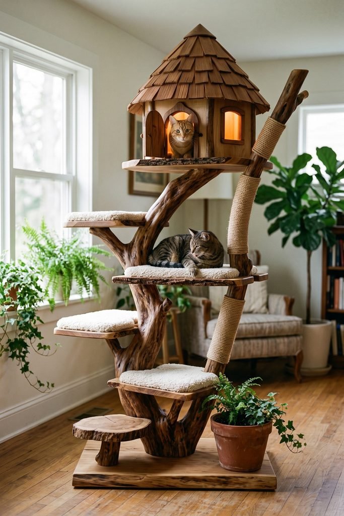 Branching wood cat treehouse with a conical shingled roof, glowing windows, cream-padded landings, rope-wrapped limbs, a potted fern, and two tabbies.