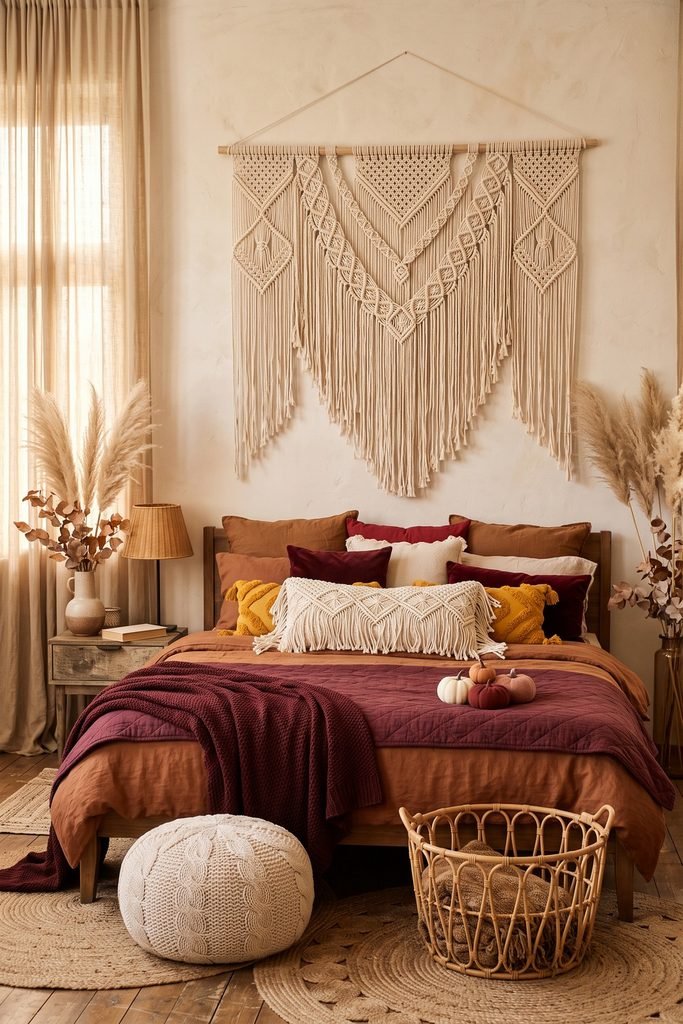 Rust and burgundy bed beneath oversized cream macramé, framed by pampas grass, with mustard pillows, layered round rugs, and a knitted pouf.