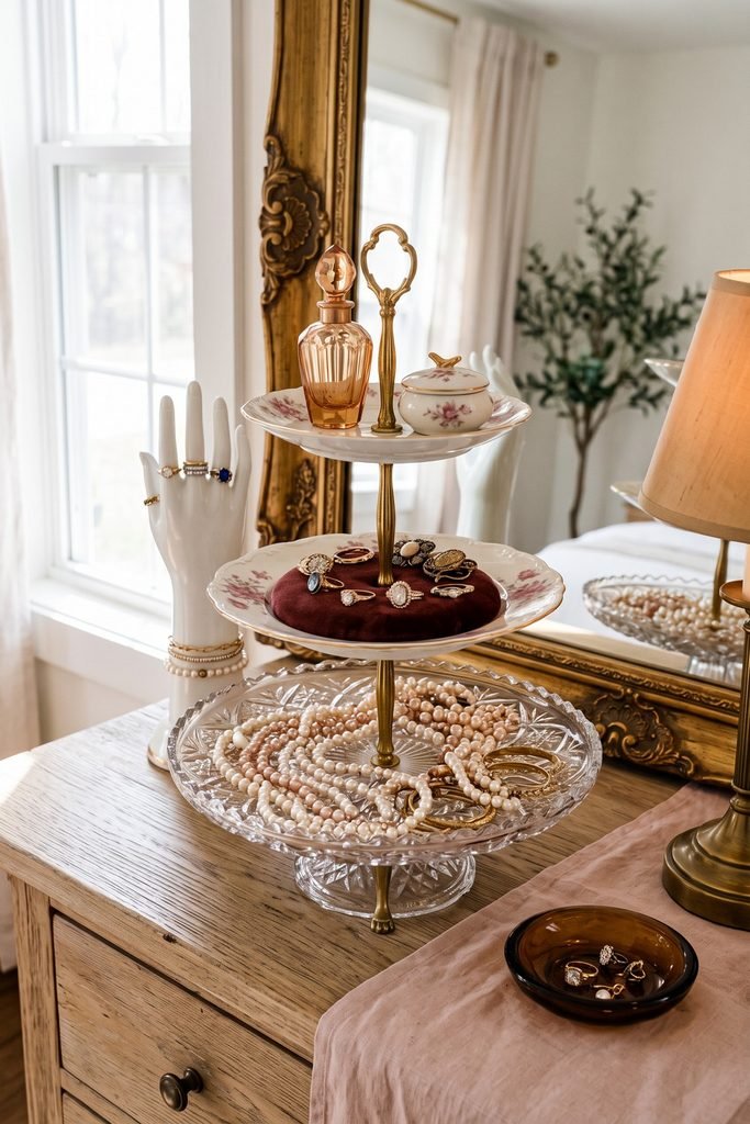 Tiered glass-and-floral-porcelain stand organizes pearl strands, bangles, rings, brooches, perfume, and a lidded dish beside a porcelain jewelry hand.