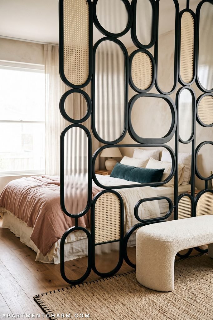 Sculptural divider of uneven black capsule frames combines cream cane, ribbed glass, and open sections in front of an ivory bed with blush coverlet, deep teal bolster, and cream bench.