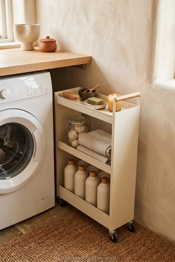 25 Beautiful Storage Ideas for Small Spaces That Use Every Inch 18 Slim three-tier rolling cart stores laundry bottles, folded towels, soap, and brushes beside a washing machine.