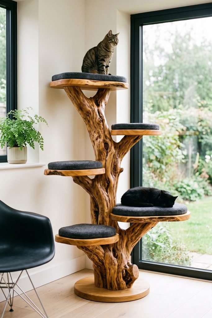 Sculptural natural wood cat tree with five irregular platforms, charcoal cushions, open branches, a potted fern, black-framed windows, and two cats.