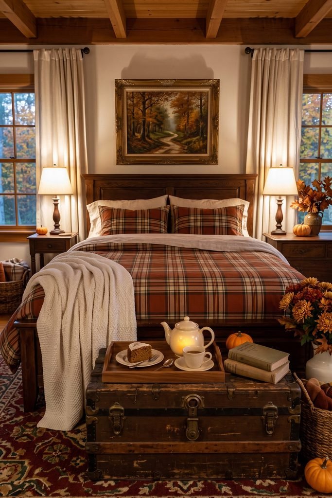Rust plaid bed with an ivory knit beneath autumn artwork, facing a wooden trunk with a tea tray, books, and pumpkins.