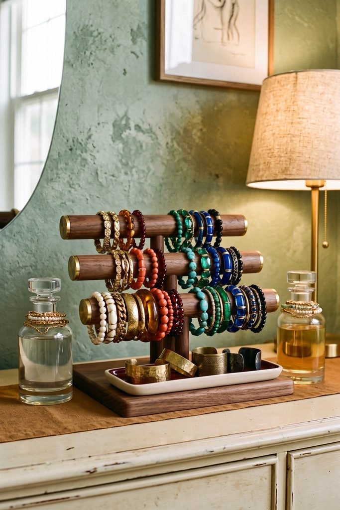 Three-tier walnut bracelet rack holds color-grouped bangles between two clear bottles, with wide cuffs arranged in a tray below.
