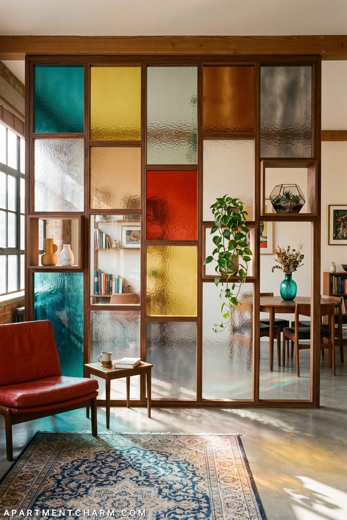 Walnut grid combines teal, yellow, amber, red, gray, and clear textured-glass blocks with open display boxes and plants, separating a red lounge chair from a dining room.