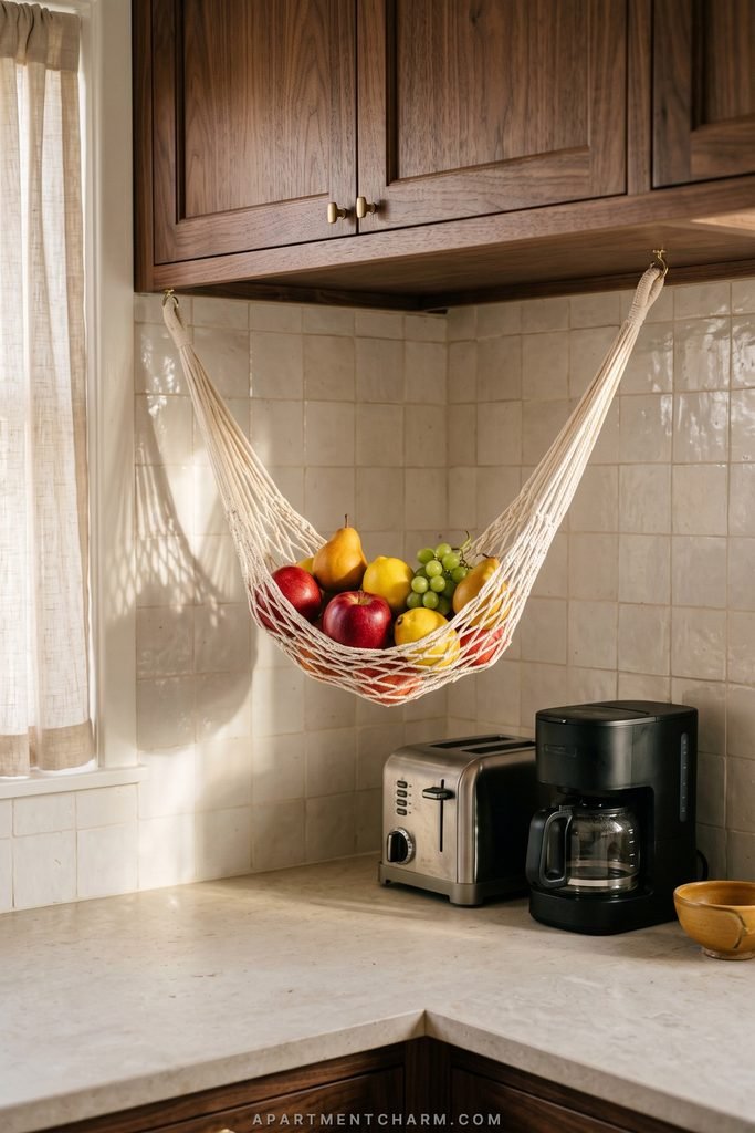 25 Beautiful Storage Ideas for Small Spaces That Use Every Inch 19 Cotton net fruit hammock hangs beneath dark wood cabinets above a kitchen counter with a toaster and coffee maker.
