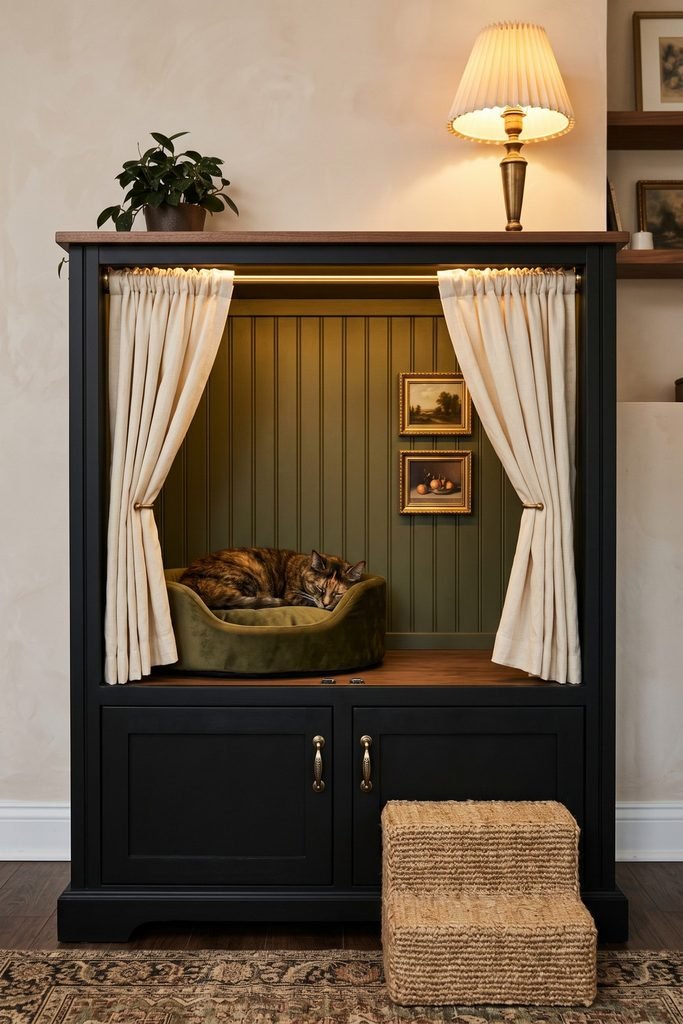 Black cabinet cat suite with tied ivory curtains, deep olive paneling and bed, miniature framed art, brass details, woven step, and sleeping tortoiseshell cat.