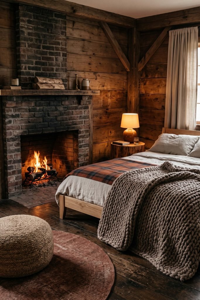 Timber bedroom with a lit brick fireplace beside a wooden bed layered with ivory bedding, rust plaid, and an oversized taupe knit.