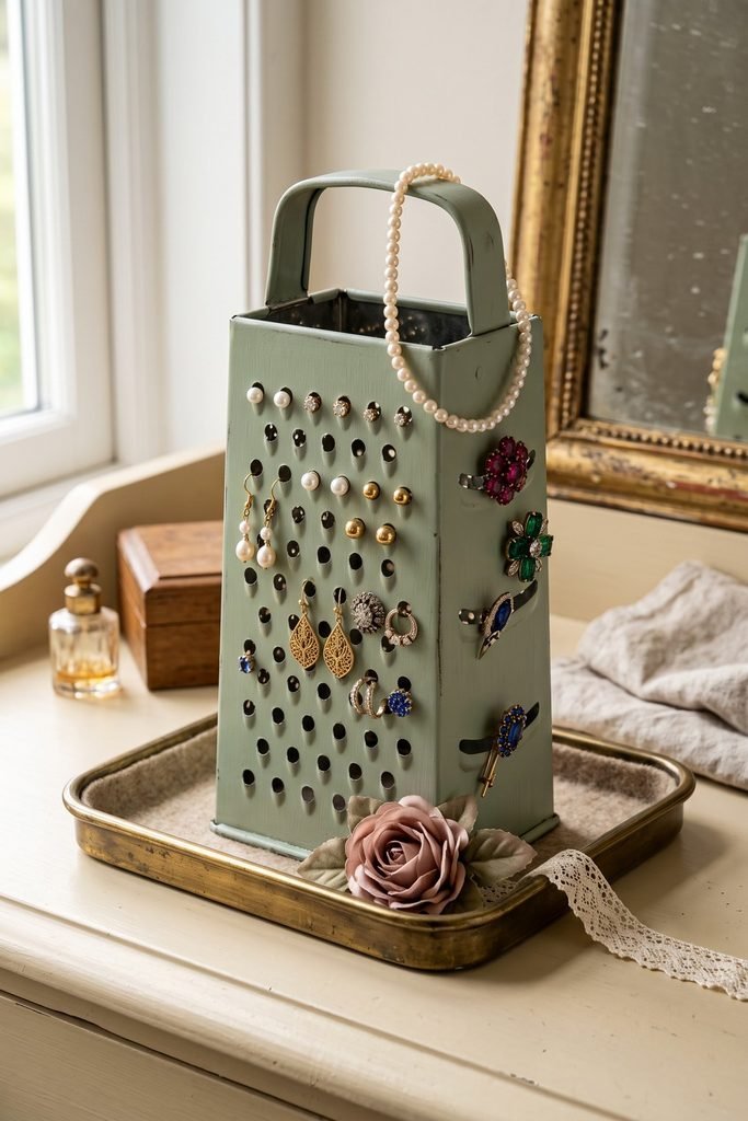 Muted-sage box grater displays stud and drop earrings, brooches, and a pearl strand in a brass-rimmed felt tray.