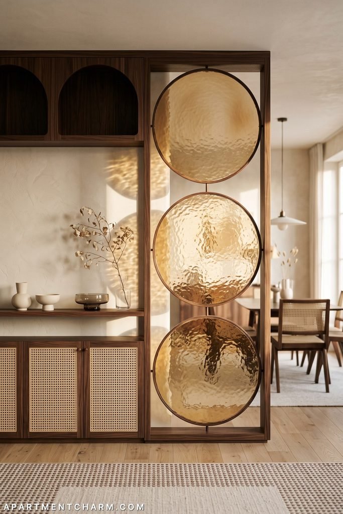 Walnut divider stacks exactly three amber rippled-glass circles beside cane-front cabinets, dark arched niches, a long display ledge, cream ceramics, and a visible dining space.