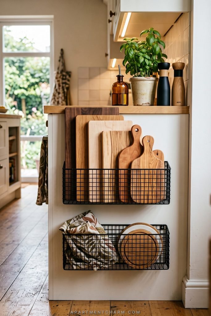 25 Beautiful Storage Ideas for Small Spaces That Use Every Inch 20 Two black wire pockets mounted on a cabinet end hold cutting boards, linens, and round wooden trays.