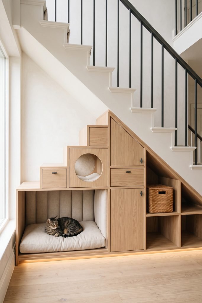 Pale wood under-stair cabinetry with a padded sleeping cubby, round cushioned niche, drawers, doors, open shelves, woven basket, and resting tabby.