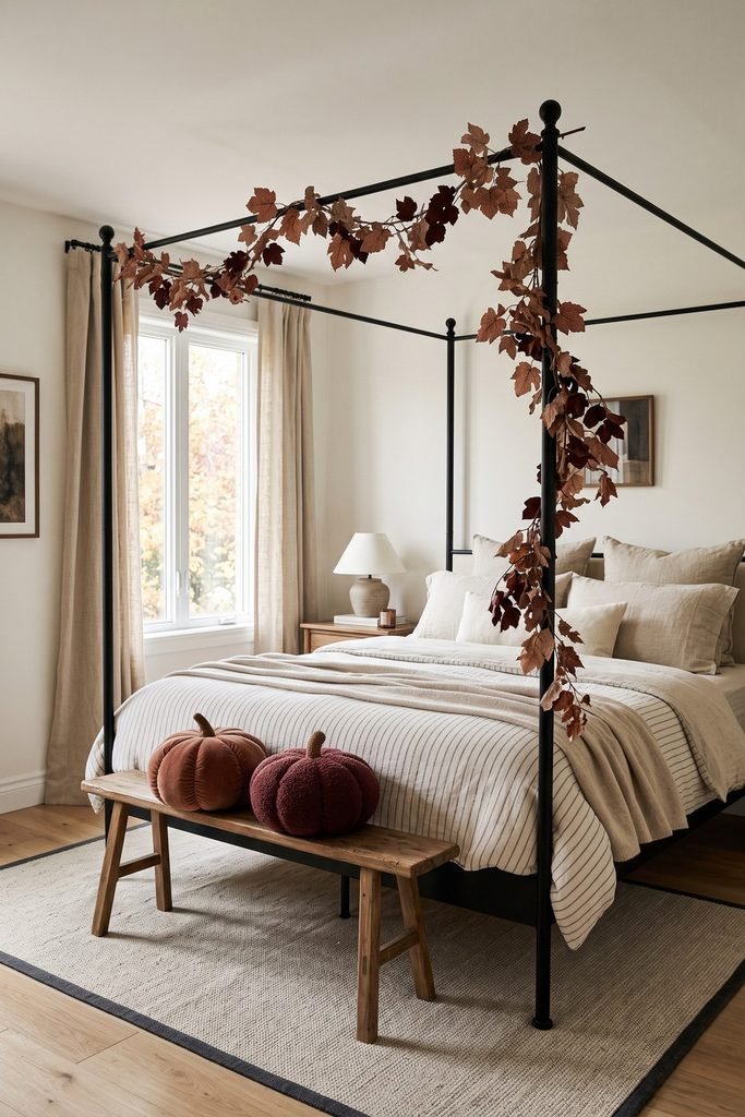 Black four-poster bed with pale striped bedding and a cascading autumn-leaf garland, with two pumpkin cushions on a wooden bench.