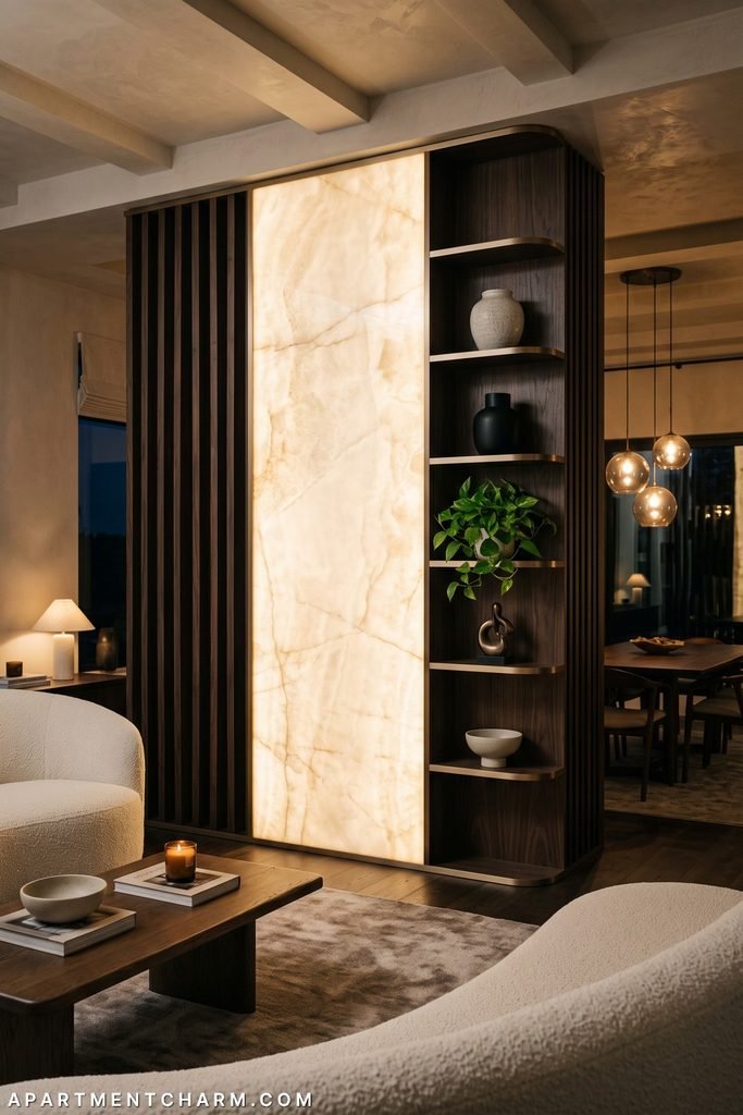 Floor-to-ceiling divider pairs a glowing veined stone panel with dark vertical slats and rounded display shelves holding pale and black vessels, a green plant, and a small sculpture.