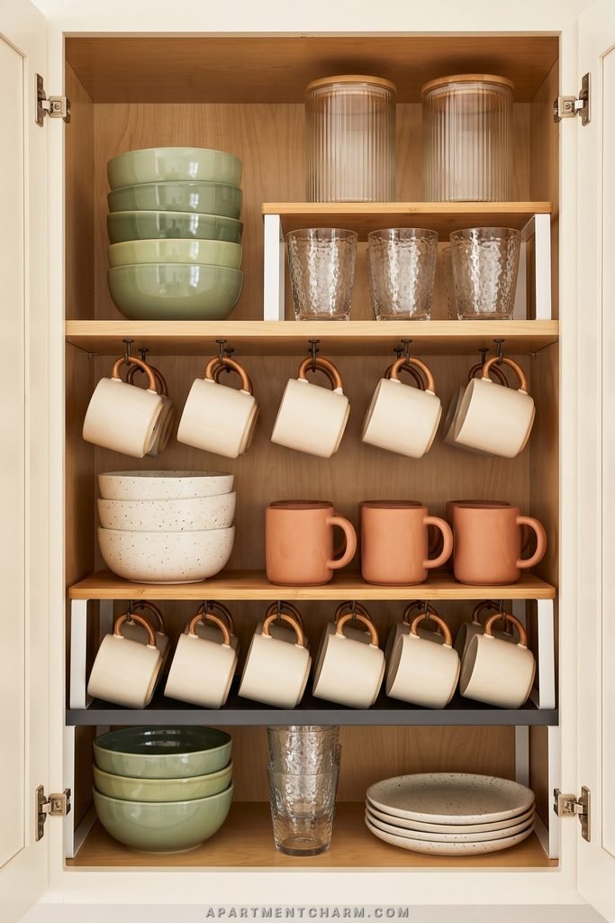 25 Beautiful Storage Ideas for Small Spaces That Use Every Inch 21 Kitchen cabinet uses shelf risers and rows of hooks to organize bowls, glasses, plates, and mugs.