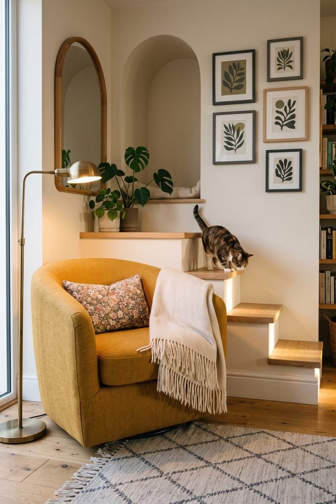 Mustard reading chair beside pale wood cat steps and an arched nook, with botanical prints, a floral cushion, cream throw, brass lamp, and a tabby.