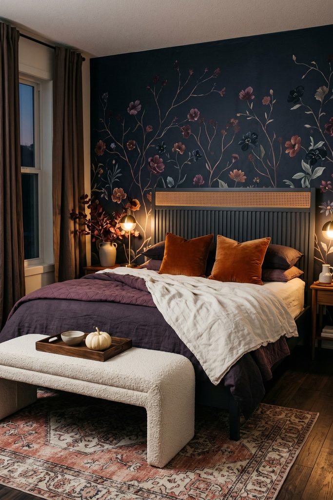 Charcoal fluted bed with plum and ivory bedding, rust pillows, a dark floral wall, and a cream bench holding a white pumpkin.